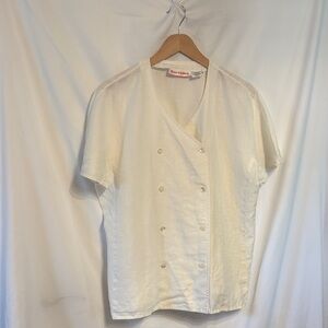 Vintage Jerri Sherman White Double-Breasted Short Sleeve Ramie Linen Blouse SZ14
